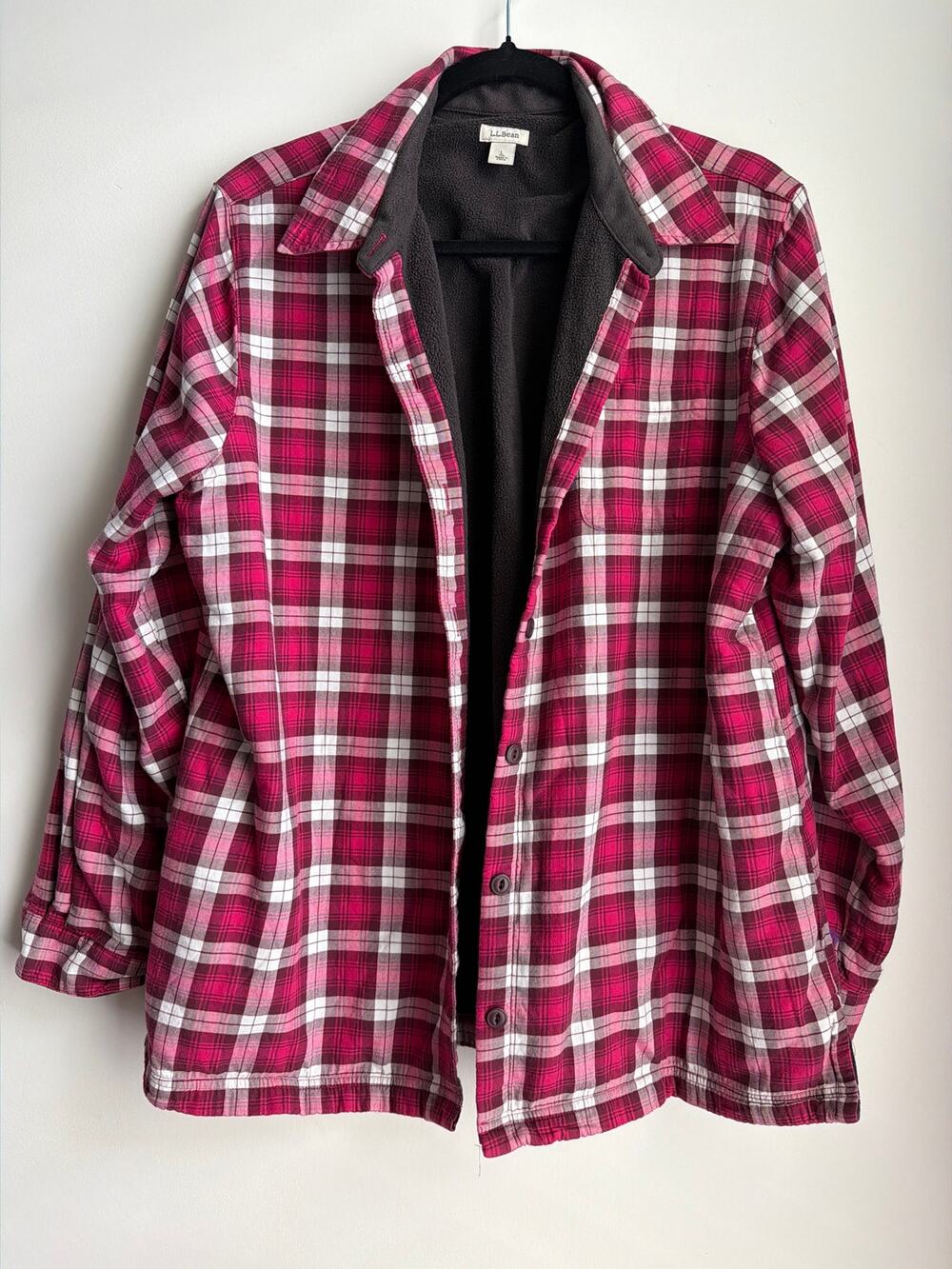 L.L.Bean Pink Plaid Fleece-Lined Flannel Shirt Jacket Shacket Large